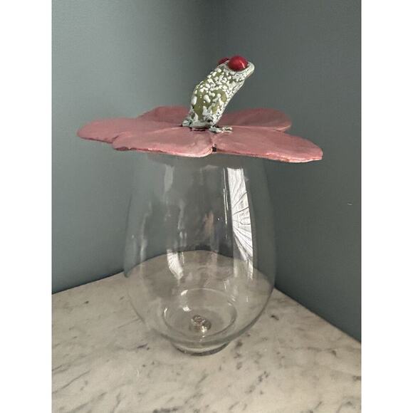 Frog Pink Flower Hanging Wall Decor Lid Hand Made Pottery Leaf Tree Frog Red Eye - Picture 15 of 16